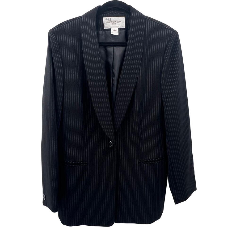Jones New York Pinstripe Suit Blazer Womens size 12 Black Lined Workwear